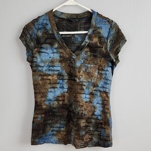 Forever 21 Blue and Brown V-Neck Tie-Dye Short Sleeve  Deconstructed Tee S